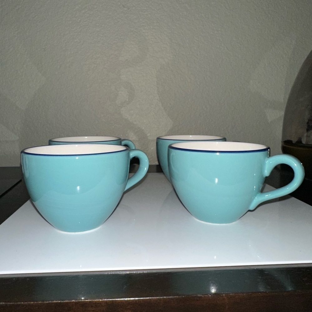 Set of 4 Vintage Pagnossin Italy Ceramic Cups – Turquoise & Cream with Navy Rim